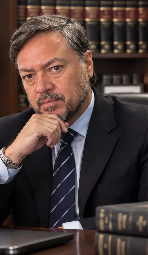 El Dr. Villar en su escritorio, frente a la biblioteca jurídica