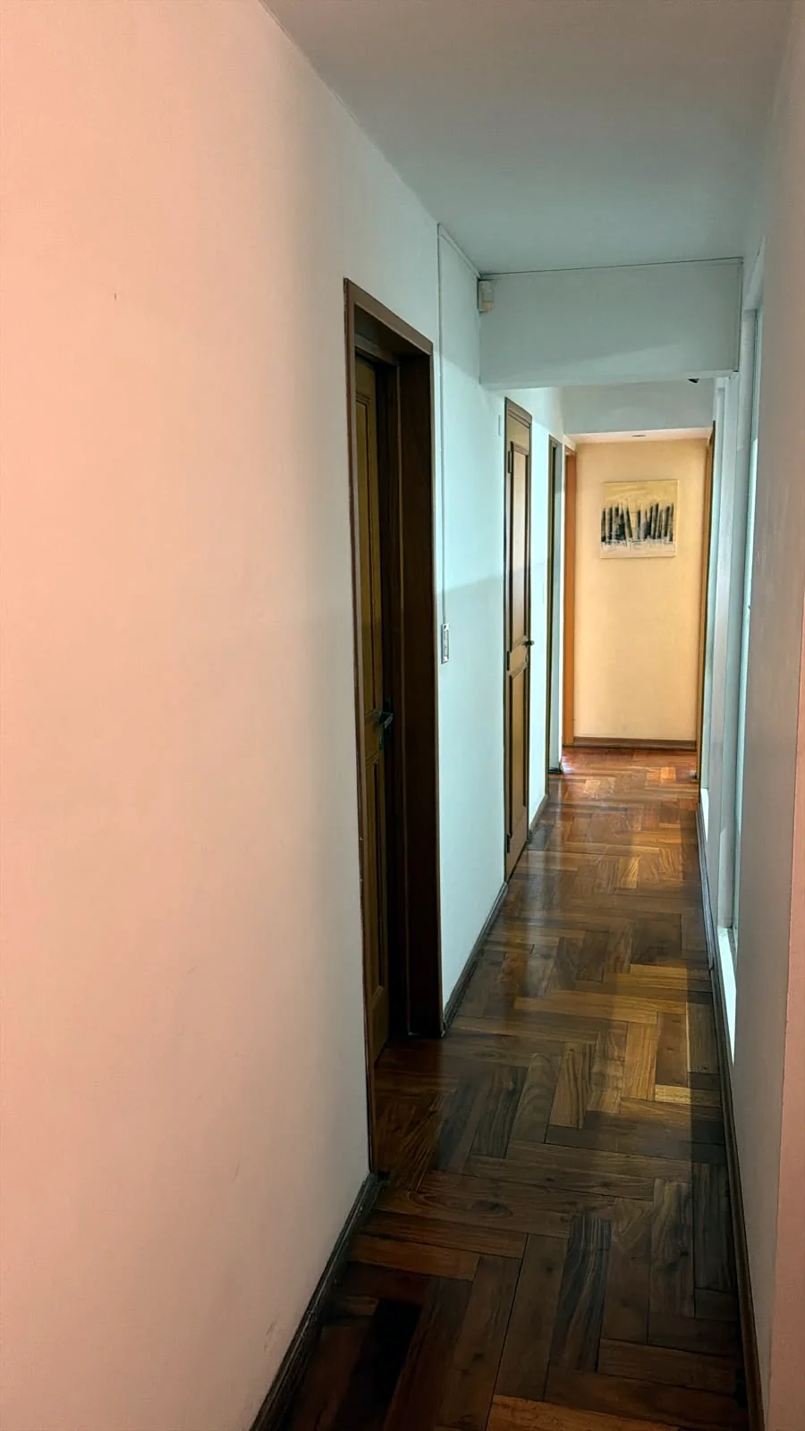 Pasillo del estudio con piso de parquet, hacia los despachos
